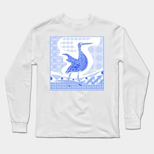 egret bird in talavera nest in mexican pattern art ecopop in blue light Long Sleeve T-Shirt